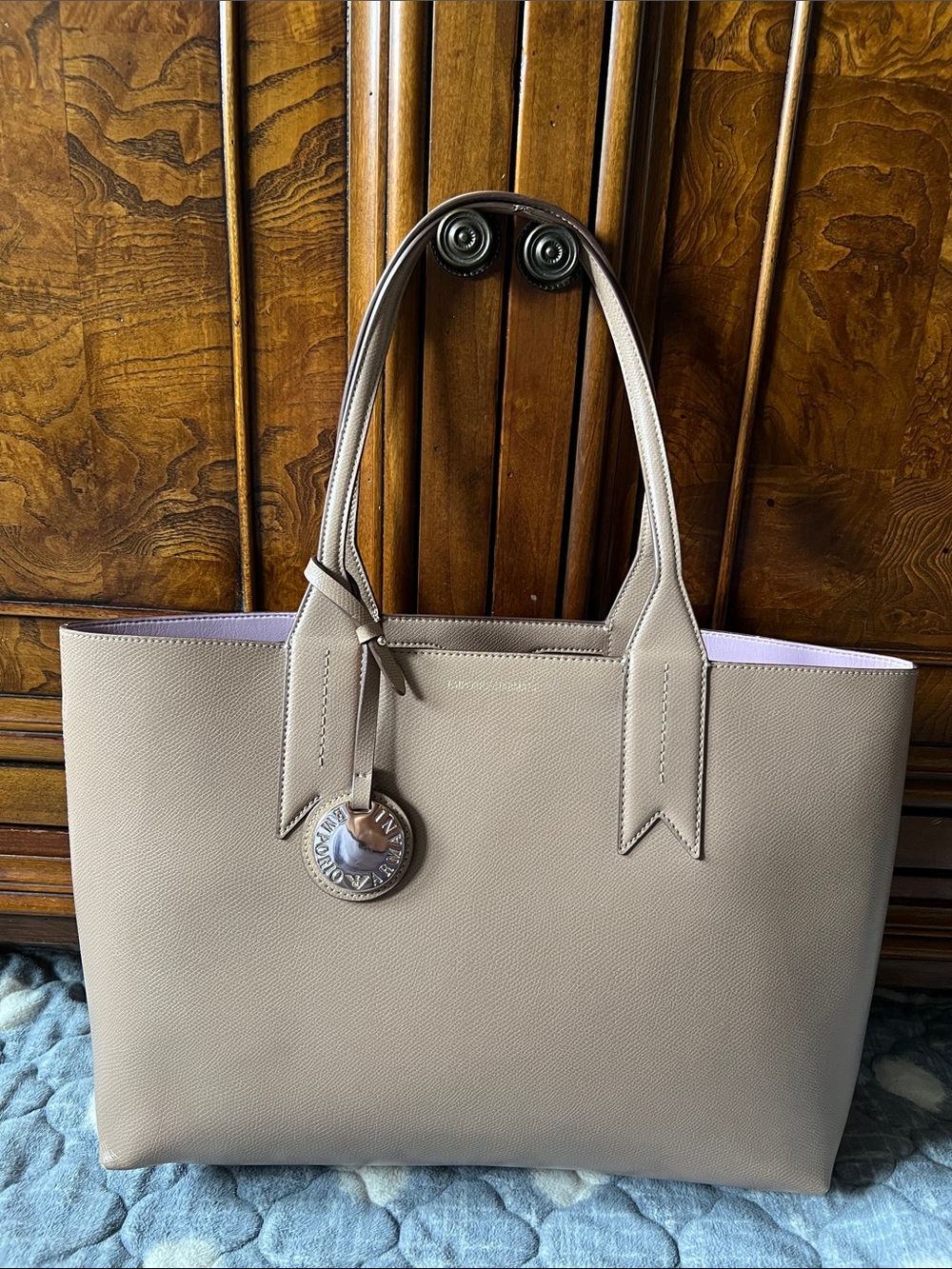 Emporio Armani Beige Leather Tote with Pink Interior Trim